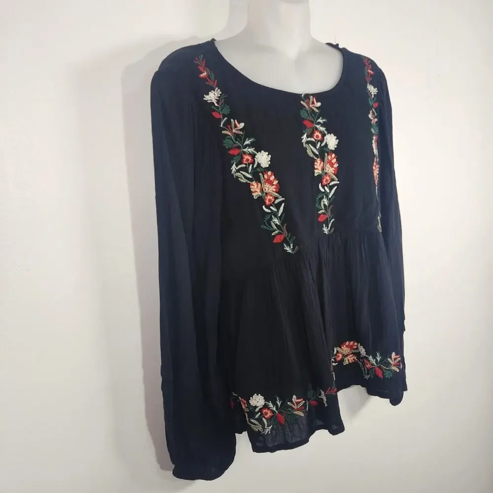 American Eagle Womens Embroidered Peasant Top Peplum Open Back Tie Black Sz XS - Picture 7 of 13
